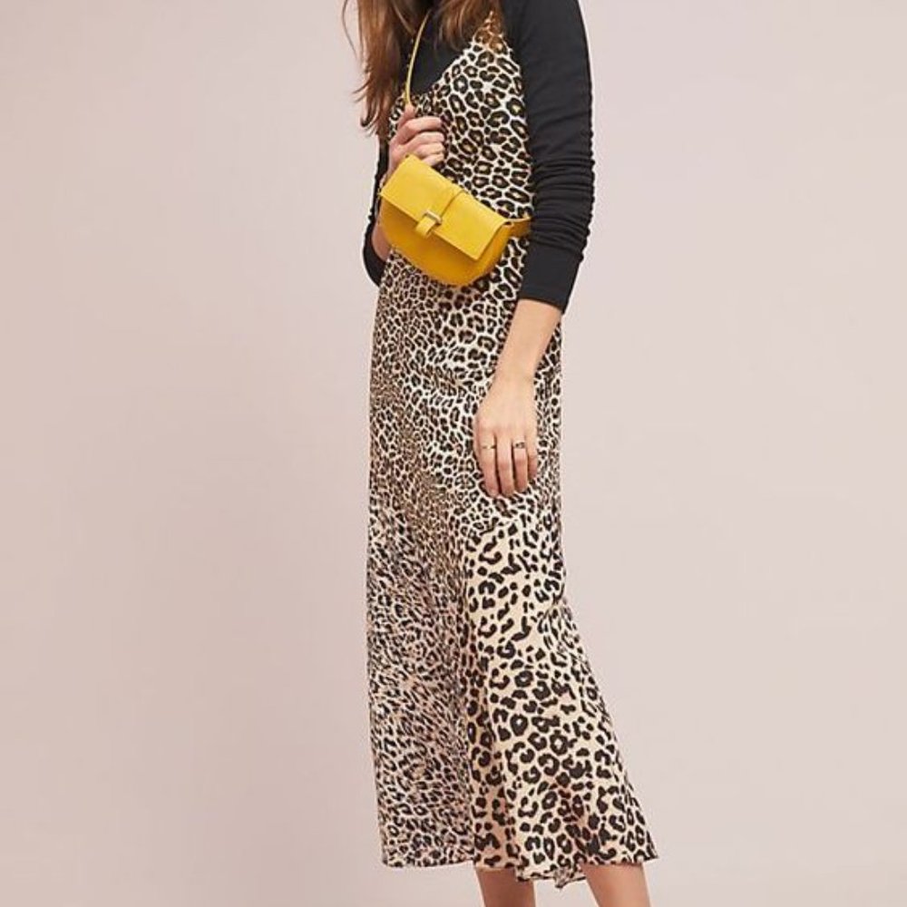 ANTHROPOLOGIE Kachel Silk Leopard-print Slip Dress